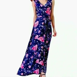 Sleeveless V Neck Vintage Floral Faux Wrap Maxi Dress (M)